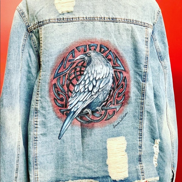 Raven Gothic Handpainted on new distressed denim jacket SZ XL womens Crow - Picture 2 of 10